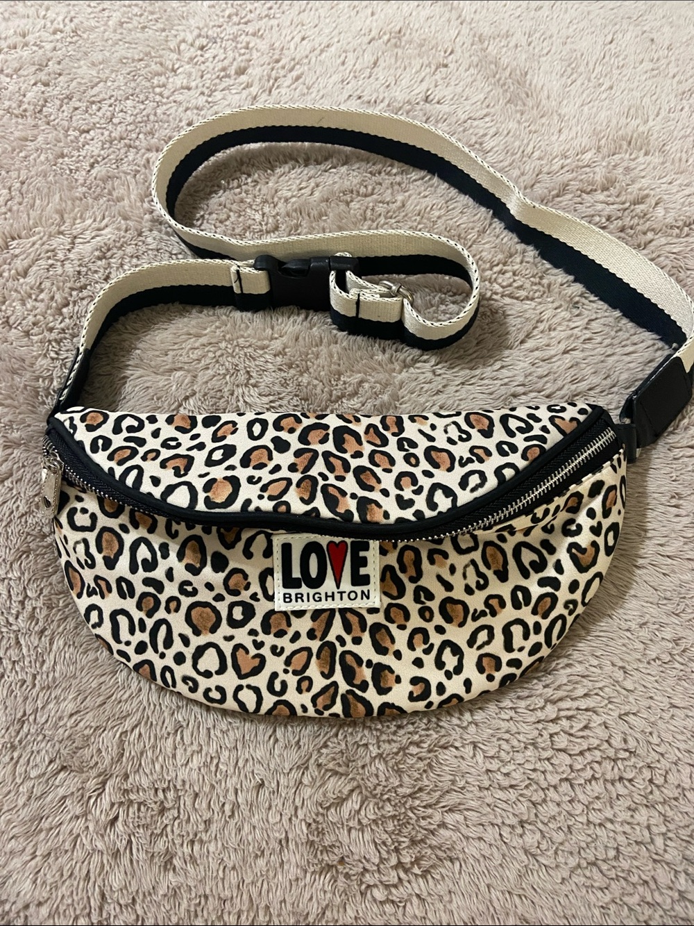Brighton Leopard Print LOVE Belt Bag with Cream Striped Strap